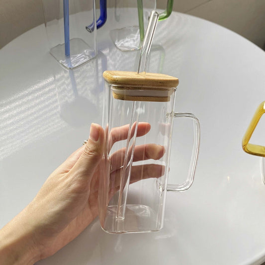 Square Glass Cup Bamboo Cap With Straw