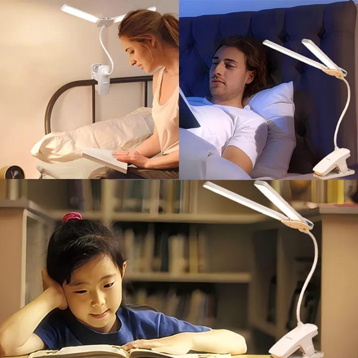 *360° Flexible Three Modes Table Lamp Double Head LED Clip lamp Study Reading Light Rechargeable Clamp Desk Light for Bedroom Office Dorm*